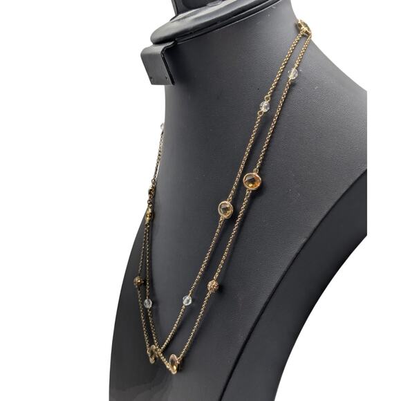 Long Gold Tone Chain W/ Faceted Gold Bezel Set Crystal Station 48" Necklace - Picture 4 of 7